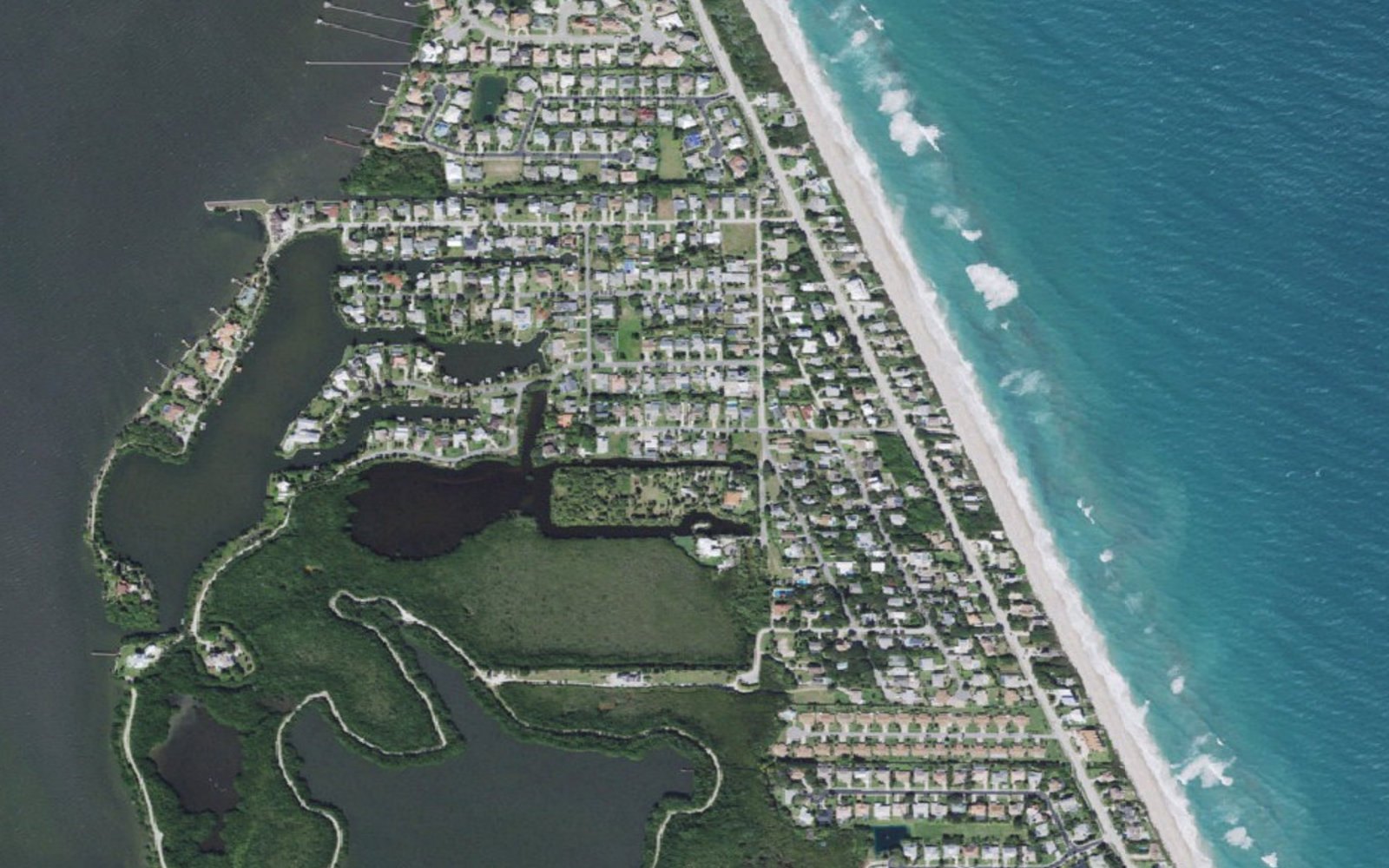 Coordinate-centered aerial of Melbourne Shores and its Atlantic shoreline
