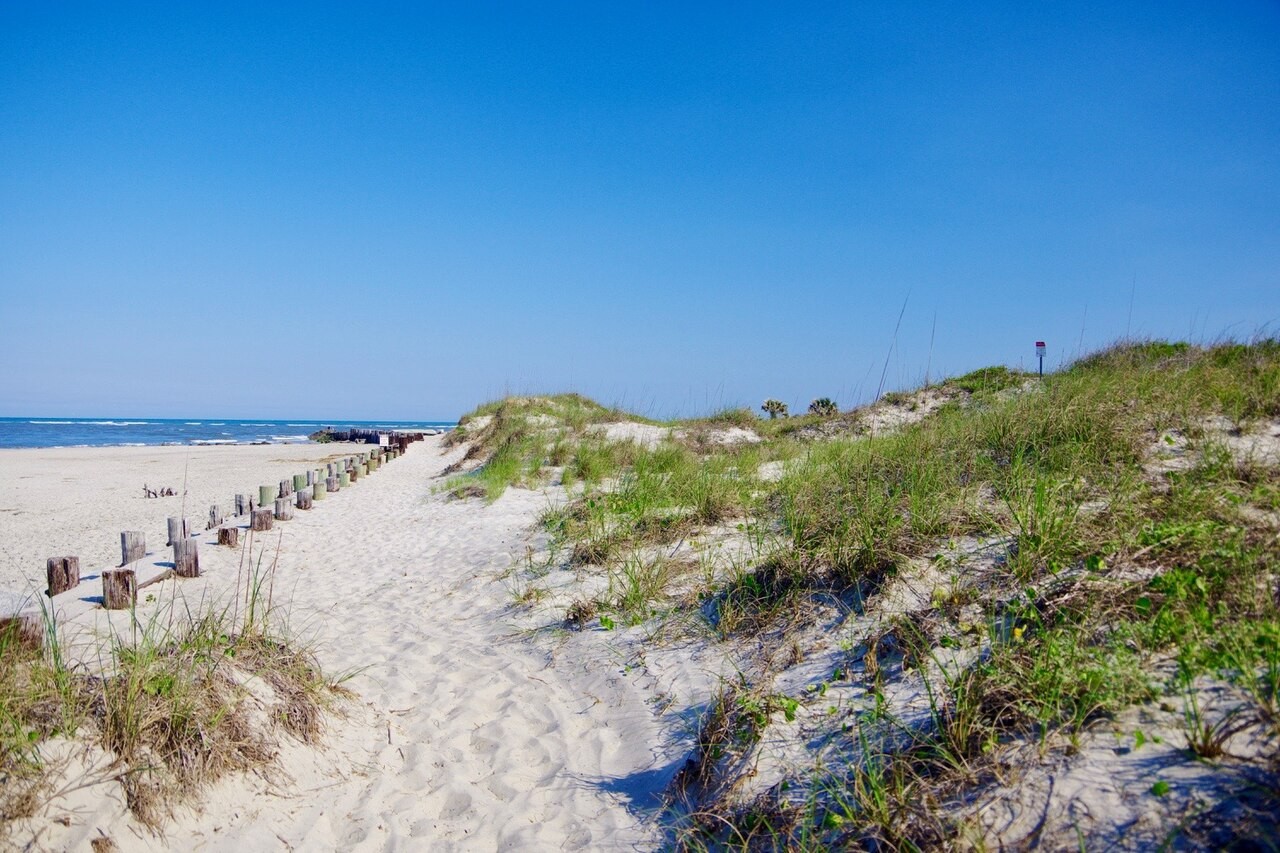 Beach and dunes at Lighthouse Inlet Heritage Preserve on the north end of Folly Island; photographed May 2018.